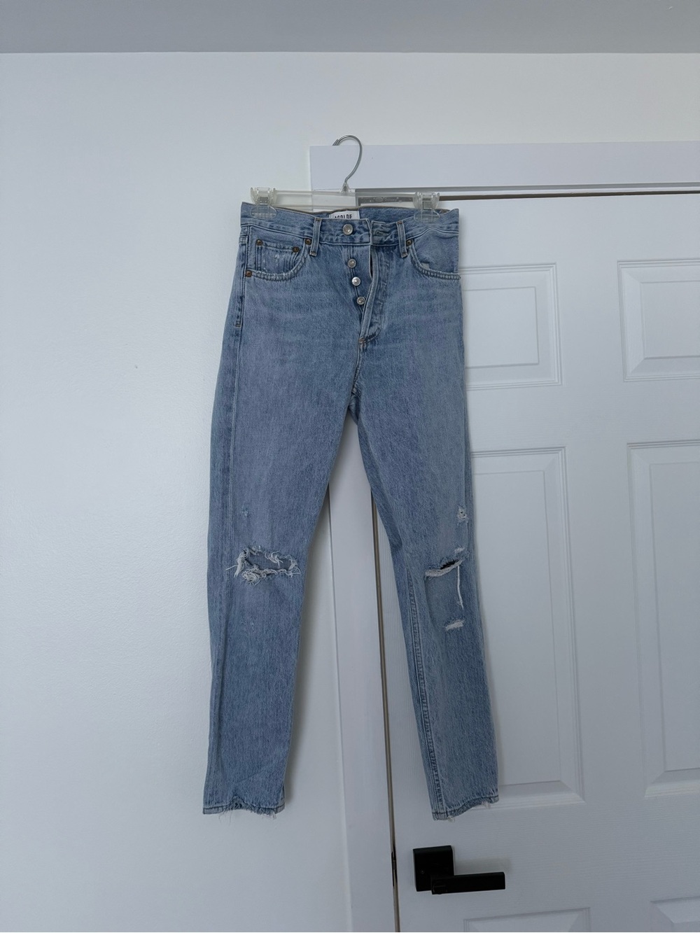 Agolde Light Blue Distressed Straight-Leg Jeans
